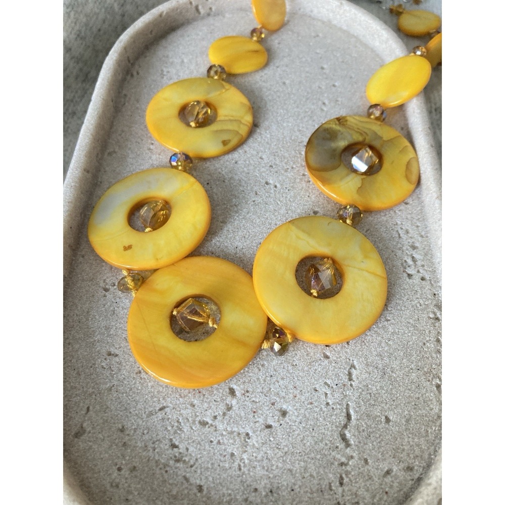 Chunky Yellow Necklace Round Disc Beads Honey Faux Gem Accent Bold Statement